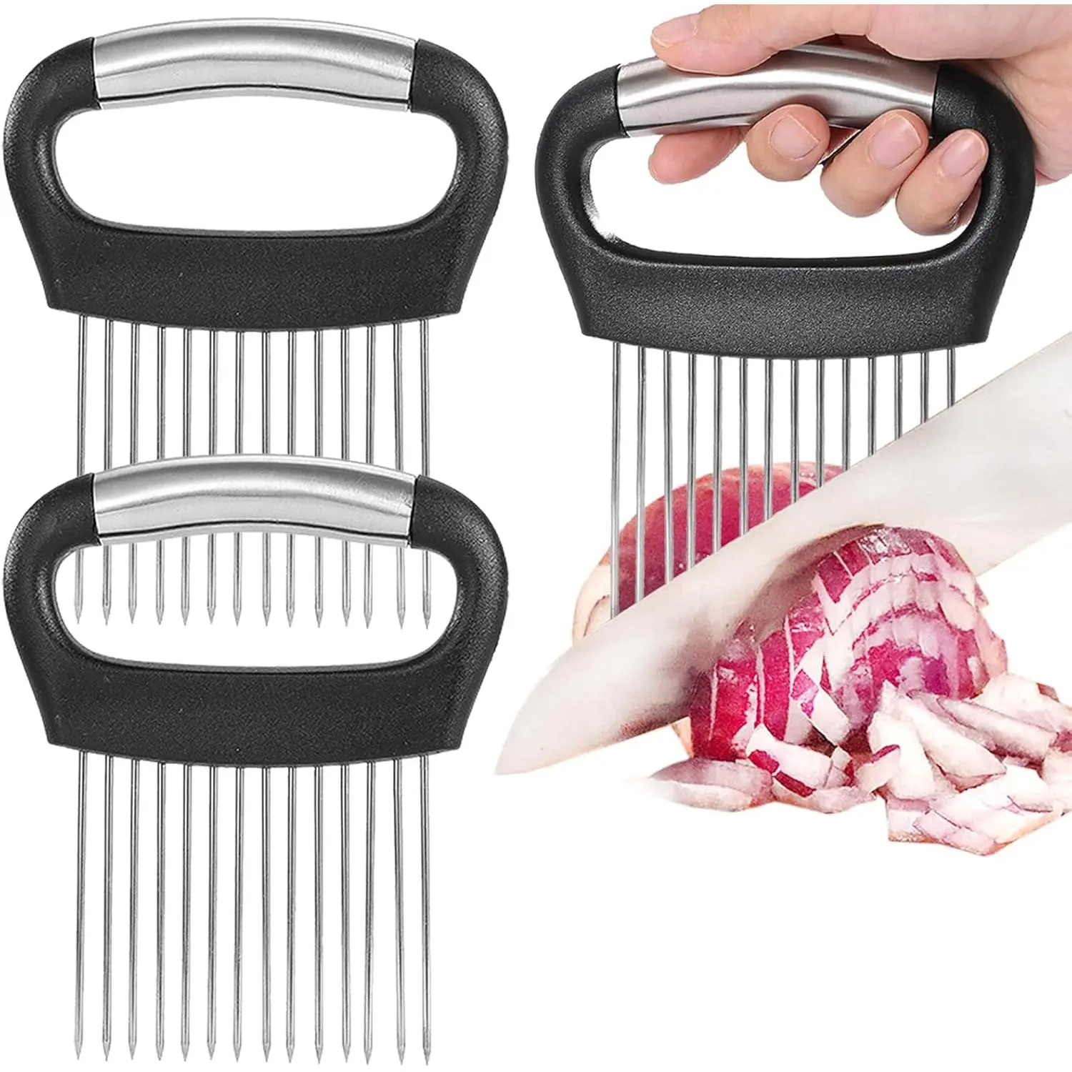 Large Onion Holder for Slicing, 2Pieces Large Onion Cutter Veggie Chopper, Stainless Steel Tomato Slicer Blooming Onions Potato Slicer, Practical Meat Tenderizer, Egg Slicers Kitchen Gadgets Utensils Handles