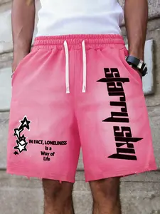 Men's Street Style Knit Shorts, Casual Loose-Fitting Letter & Star Print, Elastic Waist Drawstring Pockets, Spring & Fall Fashion, Casual Loose Comfy