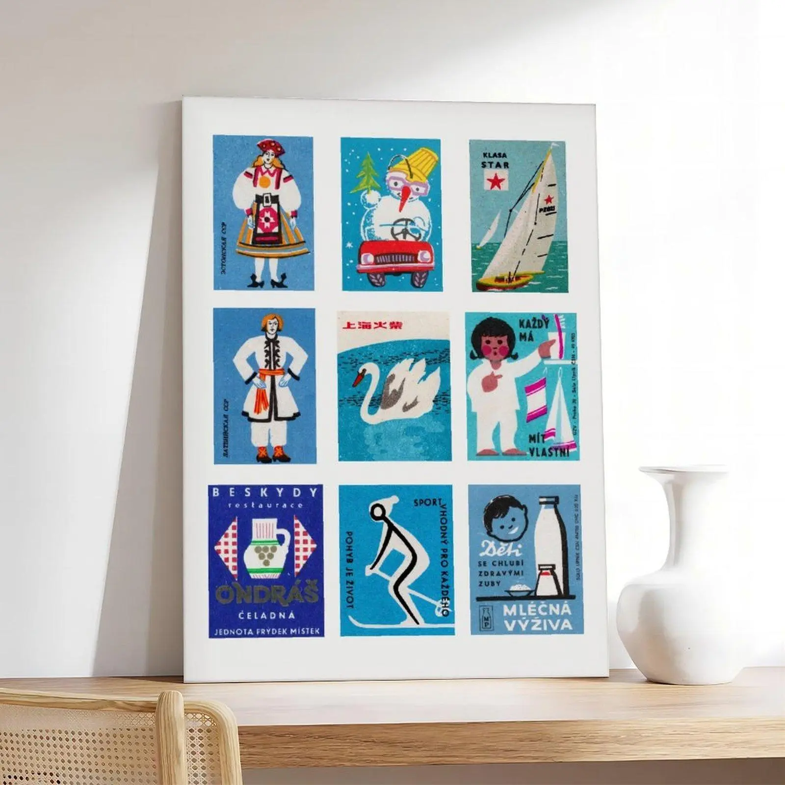 Midcentury Vintage International Collection Blue-White Grid Wall Print - Cobalt Labels, Logos, Graffiti, Comics, Retro Decorative Canvas Art for Children's Educational Room Decoration