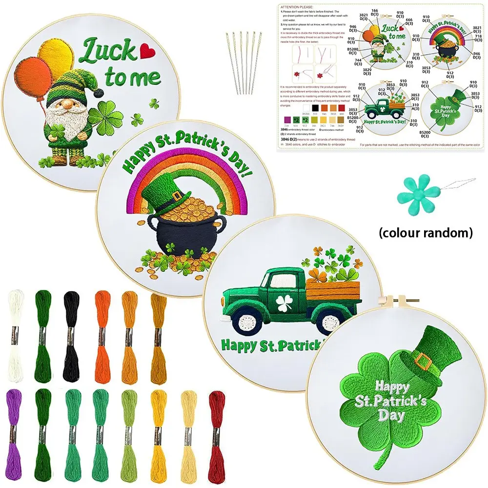 Saint Patrick's Day Embroidery DIY Kit, Unique Lucky Clover Pattern, Includes 4 Printed Fabric Panels, Thread, Tools, Hoop, Instructions