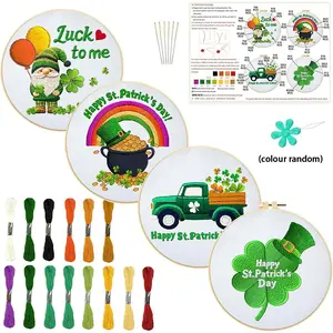 Saint Patrick's Day Embroidery DIY Kit, Unique Lucky Clover Pattern, Includes 4 Printed Fabric Panels, Thread, Tools, Hoop, Instructions
