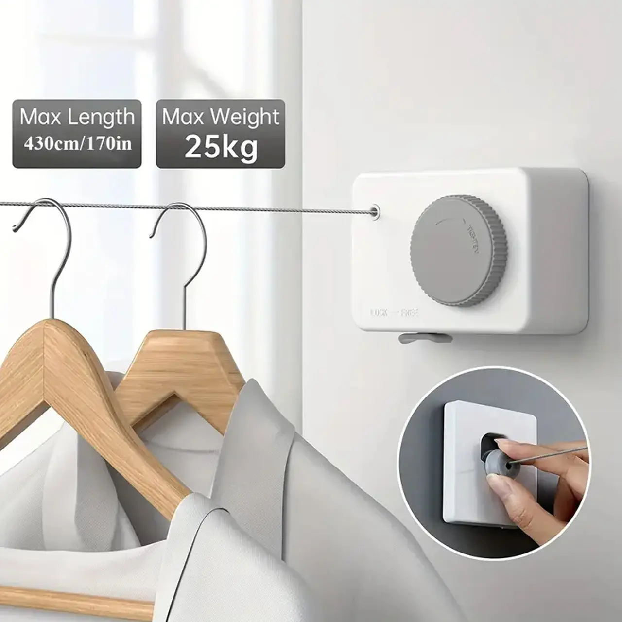 1 Piece Indoor Retractable Clothesline, No Sagging Outdoor Clothesline, Retractable Heavy Duty Clothes Drying Laundry Rope, Wall Mounted Stainless Steel Rope, Household Invisible Clothesline - 13.77 ft, White