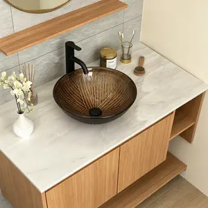 Lordear 16" Glass Bathroom Vessel Sink Vanity Countertop Round Bowl with Black Pop up Drain Set,Glass Art Basin,Dark Brown