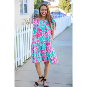 Diva Dreaming Aqua Floral Print Tiered Ruffle Sleeve Dress
