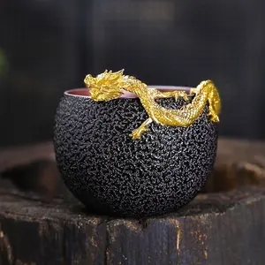 Pure Handmade Sandstone Matte Cup Master Cup Tea Cup Antique Dragon Shape Chinese Kung Fu Teacup Tea Set Fine Decoration with Gold Dragon Handle