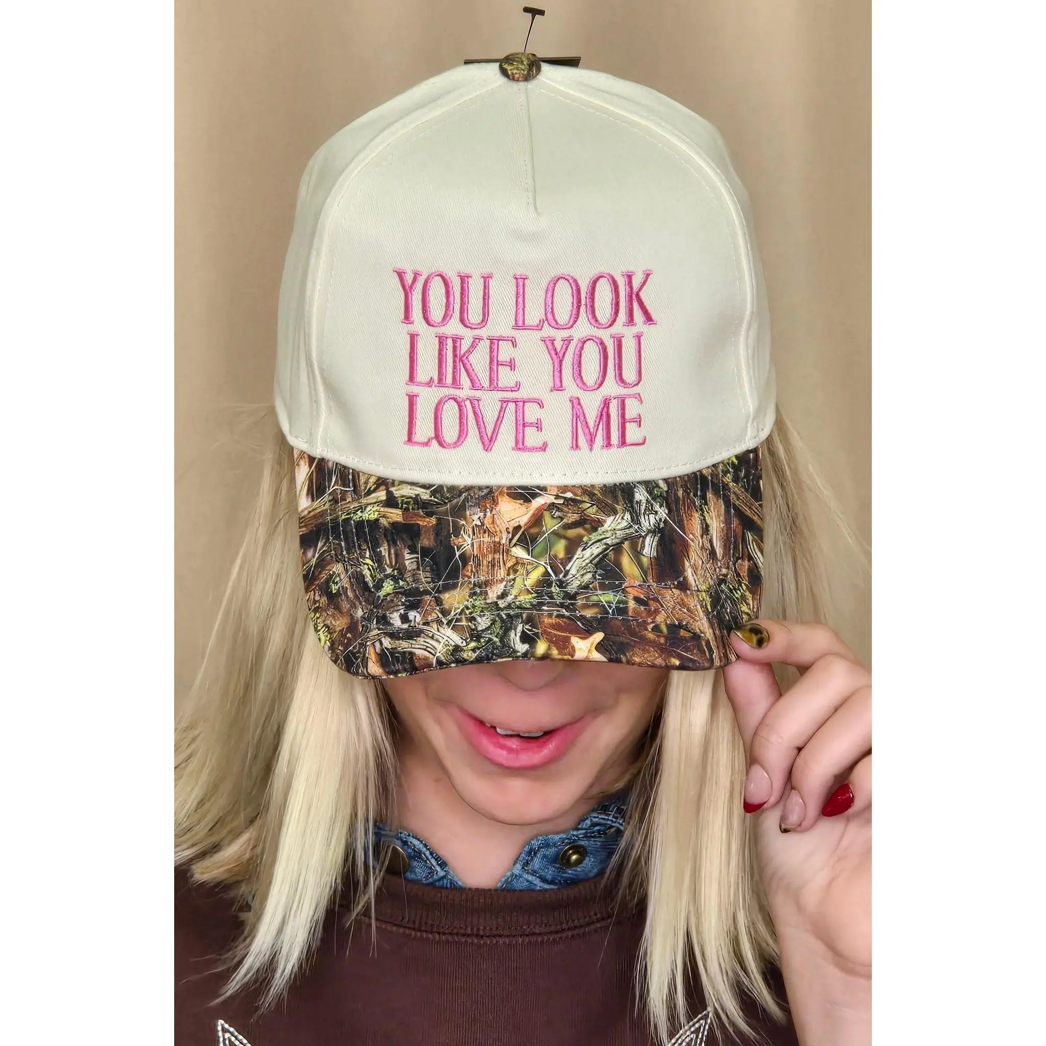 "You Look Like You Love Me" Embroidered Camo Trucker Hat — Cheeky Statement with Adjustable Snapback