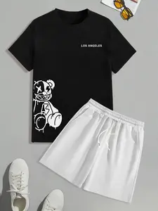 Men's 2-Piece Summer Set, Letter Bear Graphic Print Round Neck T-Shirt + Outdoor Sports Drawstring Shorts, Casual Fitted Clothing