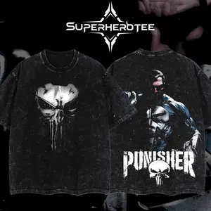 [ superhero tee ] Superstyle Frank "The Skull Vigilante Punisher" Castle War Machine Comic Edition Double Printed Oversize Lightweight Acid Washed Tee TV Series Graphic Design Top Cotton Streetwear Comic Superheroes T-Shirt Clothes Menswear Womenswear