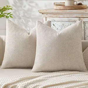 Pack of 2 Couch Throw Pillow Covers 18x18 Inch Neutral Beige Boho Decorative Pillow Covers Soft Farmhouse Cushion Covers for Home Bed Sofa Living Room