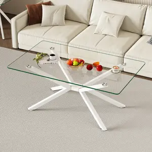 ARCH 39.37" Rectangle Clear Glass Glass Coffee Table,Stylish Design with White Metal Legs, Coffee Table for Living Room