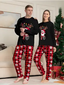 Black and red checkered "Happy New Year" reindeer pattern Christmas couple pajama set