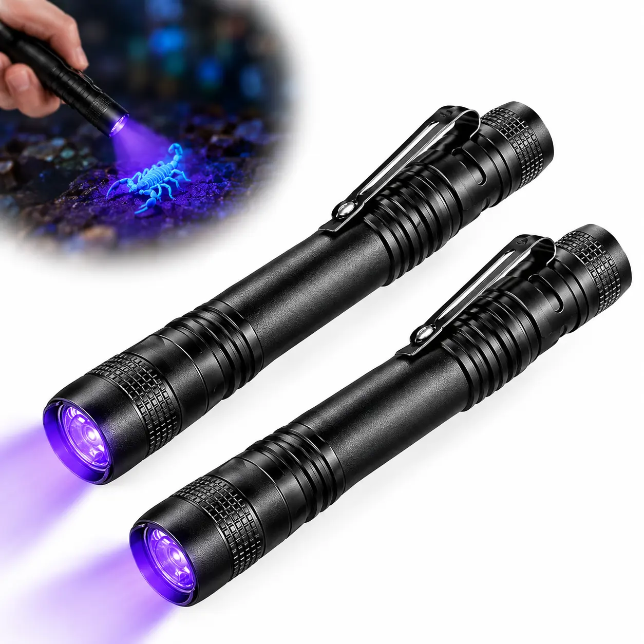UV Flashlight Blacklight 395nm LED Torch 2 Pack, Pet Urine Stain Detector, Scorpion Finder, Zoomable Waterproof Pocket Penlight for Dog Cat Carpet Cleaning, AAA Battery Powered Handheld Black Light Tool