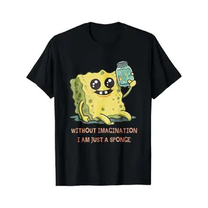 Crewneck T Shirt Black Sponge Character Holding Jar With Stars And Text Without Imagination I Am Just A Sponge For Casual Wear And Fun Outfits