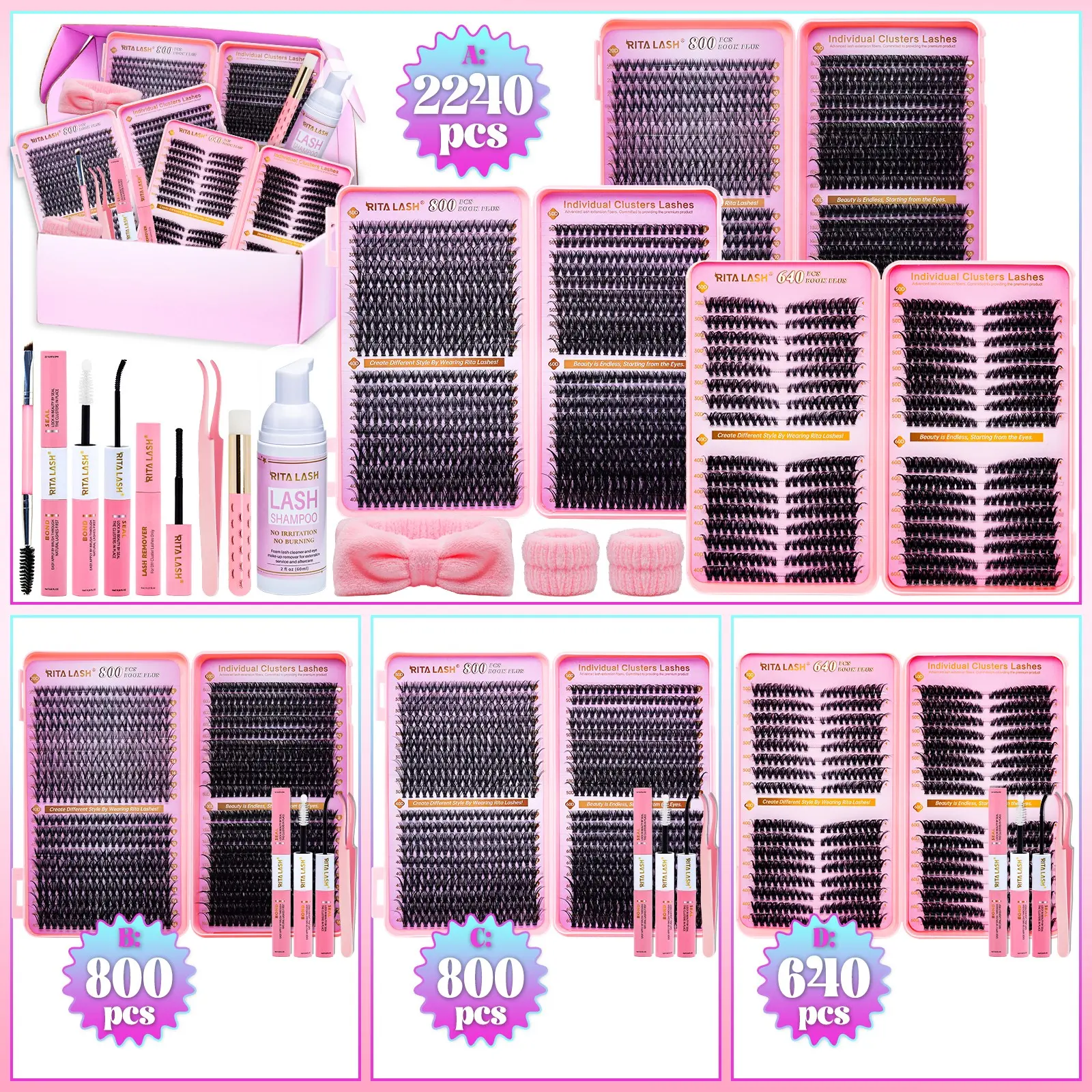 RITALASH 2240/800/640PCS Cat Lash D Curl Individual Eyelashes, Diy Lash Set, Diy Volume Eyelashes, Diy Lash Extension, Kit With Lash Bond&Seal Lash Remover Tweezers Dual-Ended Brush Shampoo&Brush Headband Wristband For Daily Life & Dates & Party