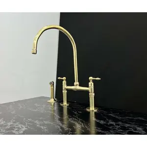 Handmade Unlacquered Brass Bridge Faucet with Brass Side Sprayer