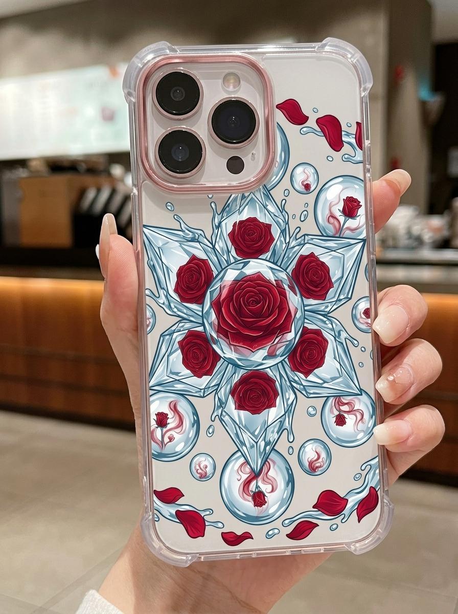 Advanced Ice Crystal Rose Phone Case Supports iPhone 12/13/14/15/16/17 Full Series Pro/ProMax/Plus Ice Blue Water Pattern Decoration, Four Corner Thickened Airbag Design Anti Drop Protection Phone Case