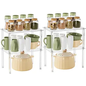 Cabinet Organizer, Clear Cabinet Organizer Shelf, Stackable, Expandable,  Rack, Adjustable Counter Shelf for Makeup, Bathroom, Cupboard, Desk, Kitchen Pantry Organization (Clear-4PACK)