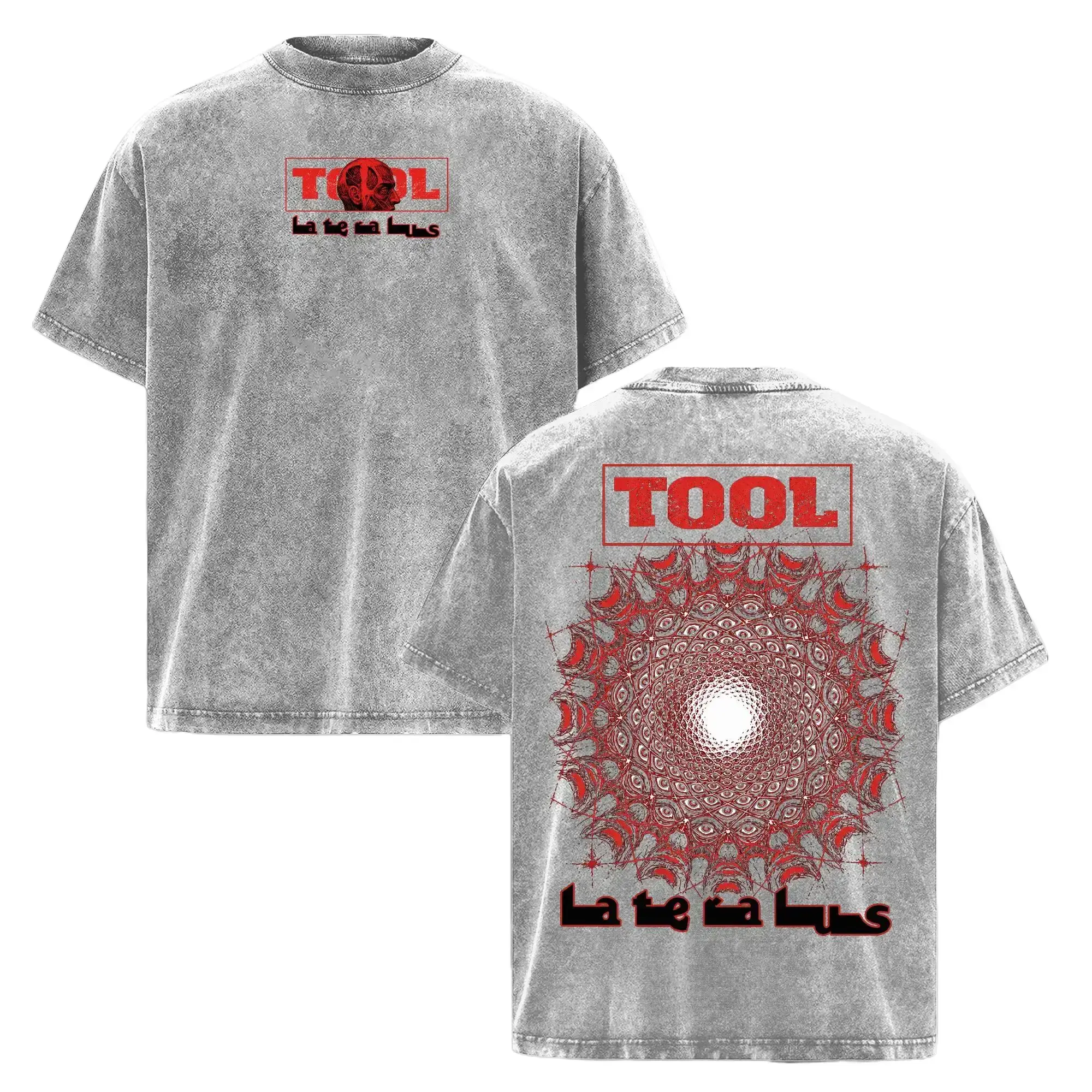 Heavyweight Vintage Washed Tool Lateralus Double Sided Print T-Shirt Red Spiral Mandala Prog Metal Band Graphic Oversized Rock Streetwear Casual Tee Unisex Relaxed Fit Stylish Menswear
