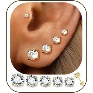 5 Pairs 14K Gold Plated Stud Earrings for Women, Hypoallergenic Earring Sets for Multiple Piercing, Premium Cubic Zirconia Studs Earrings for Women