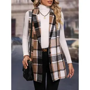 Women's Plaid Print Button Front Vest Jacket, Casual Lapel Sleeveless Outerwear for Spring & Fall, Ladies Clothes for Daily Wear