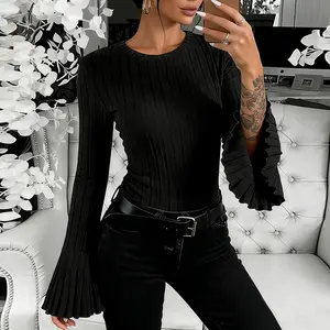 Cherrybetty Solid Round Neck Flared Sleeves Ribbed Top Essential Comfort Elegant Outfits Womenswear Going Out Tops