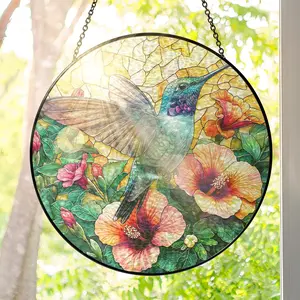FLAGWIX Hummingbird Gifts for Women - Stained Glass Window Hanging 10 in - Sun Catchers Indoor Window for Boho Home Decor, Hibiscus Hummingbird Suncatcher, Sympathy Gifts for Loss of Loved One