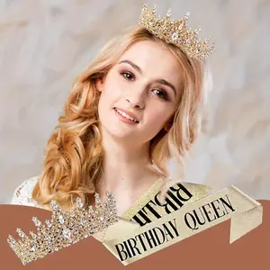 2 Pack Women Crystal Gold Crown and Party Ribbon Rhinestone Queen Headband Wedding Bridal Hair Accessories Fashion Accessories