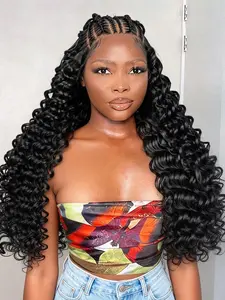 13x6 Lace Front Knotless Braided Wig, Deep Wave Ends, Spider Web Parting, Lightweight Synthetic, Protective Style for Women, Glueless Curly Wig