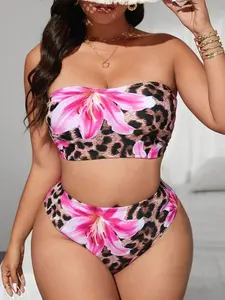 Plus Size Leopard Print & Tropical Floral Bikini Set for Summer Beach Vacation Multicolor Boho Style Full Cup Swimwear