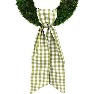 Spring Holiday Wreath Sash for Front Door, Green Burlap Sash Check Plaid Wreath Accessories for Home Wedding Birthday Decorations