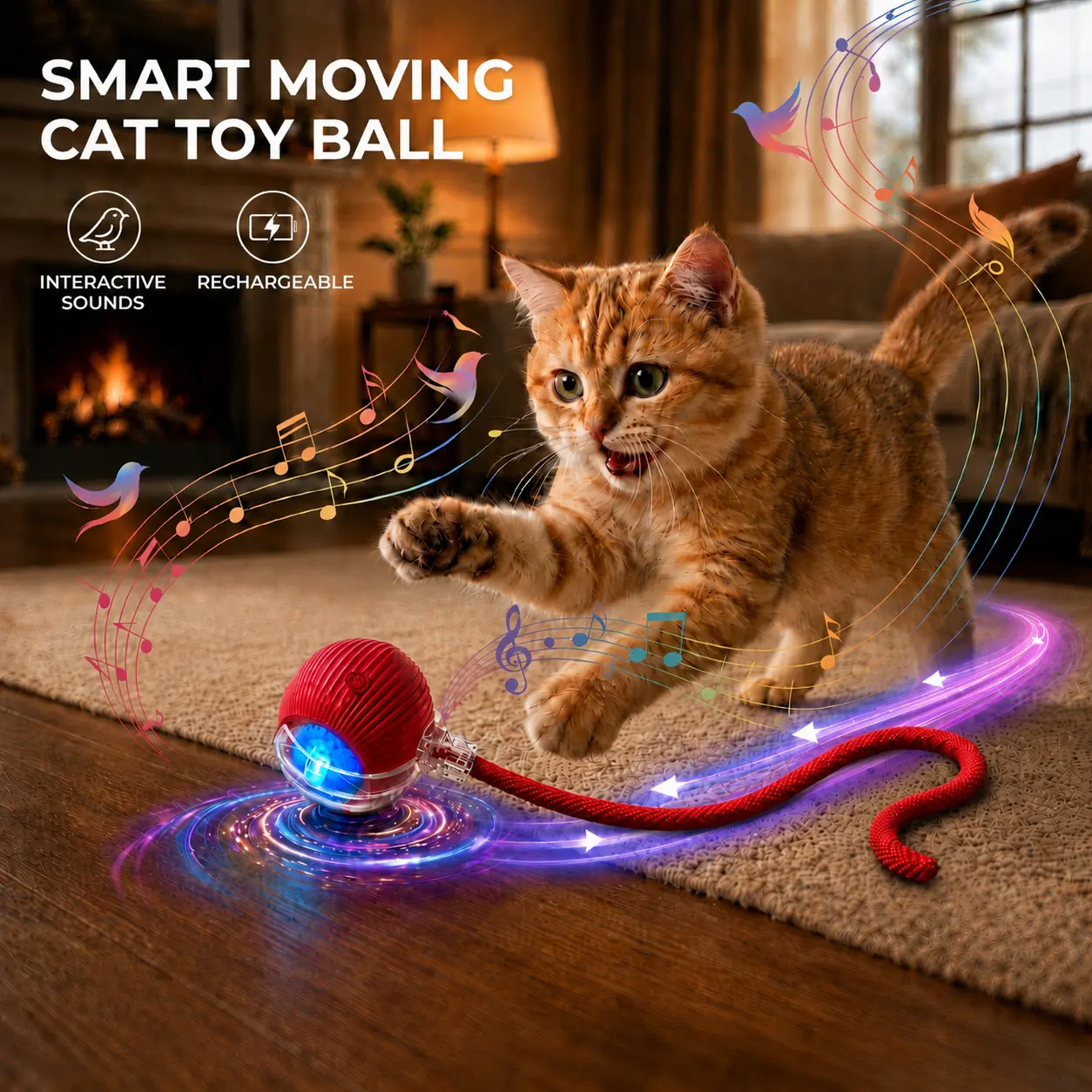 Interactive Cat & Small Dog Ball Toy - USB-Rechargeable Motion-Sensing Smart Toy with Tail, Light, Bird Sounds, Chew Resistance for Indoor Play, Mental Stimulation, Anti-Depression Cat Gift