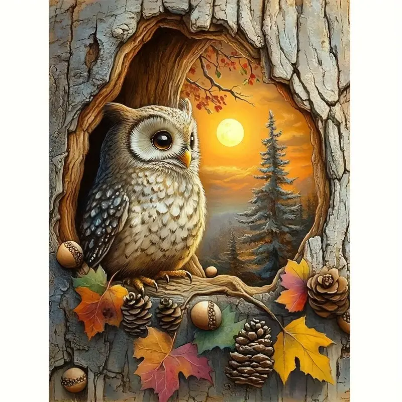 Diamond Painting - Tree Hole Owl Mosaic Rhinestone Embroidery Cross Stitch Embroidery Adult Digital Painting Diamond Painting Kit, Suitable for Wall Decoration