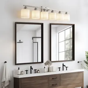 38" Bathroom Vanity Light, 6-Light Nickel Vanity Lights for Bathroom, Wall Sconce Lighting with Milky White Glass Shade, Wall Lights,Bath Vintage Wall Mounted Lamps for Mior Bedroom