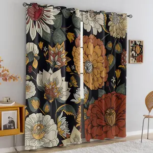2-piece Bohemian floral curtain set, made of semi blackout polyester material, ideal for privacy and decoration. Available in multiple sizes and easy to install