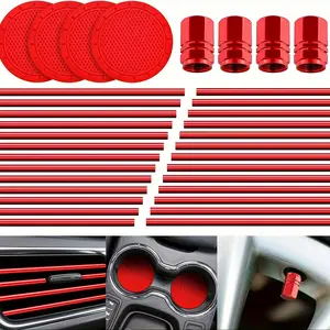 28-Piece Car Interior Accessory Set, Including 20 Car A/C Vent Trim Strips, 4 Non-Slip Silicone Car Cup Coasters, and 4 Car Tire Valve Stem Caps - Suitable for Most Cars, SUVs, and Trucks