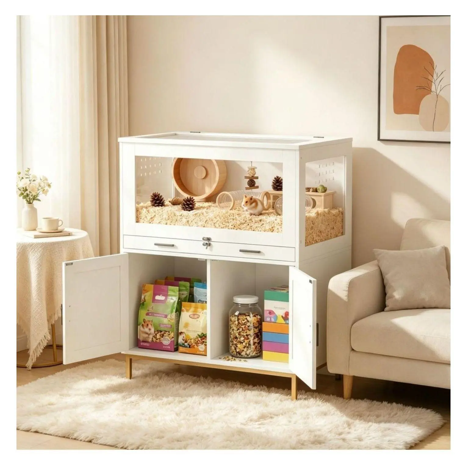 White Ventilated Acrylic Hamster Cage (30.3"l x 19.5"w x 35.8"h) - 66 lbs Capacity Elevated Proper Hamster Enclosure for Gerbil, with Slide Out Tray, Lower Cabinet, Top Door & 360° View Panels