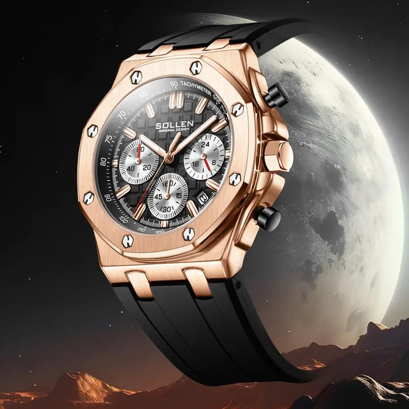 SOLLEN 712 Men's Sports Chronograph Watch Large Dial Multi-Function Quartz with Date Display Luminous Waterproof Durable Silicone Strap Trendy Gift for Boyfriend Husband or Dad Perfect for Birthday Valentine’s Day