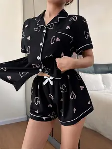 Valentine's Day Heart Print Pajama Set, Pjs, Short Sleeve Button-Up Top and Shorts, Women's Sleepwear and Homewear, Casual Loose-Fit, Loungewear