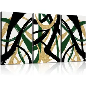 3Pcs Framed Abstract Lines Canvas Wall Art Modern Black, Green, Gold Geometric Brushwork Prints Posters Abstract Line Images Framed gallery packaging artwork for living room prints, bedroom, office, and home decor