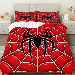 3PCS Set, 1 Duvet+2 Pillowcases(Without filler), Red Spider Web Hero Themed, Halloween bedding set, superhero style, Suitable for decoration bedroom living room guest room dormitory, Bed Sets Supplies