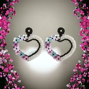 White Black Post back dangle heart sequined and beaded flower earrings