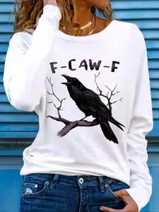 Women's Casual Long Sleeve T-Shirt, Raven Animal Print, Fitted Style, Moderate Fabric, Fall & Spring Wear, Fashion Top