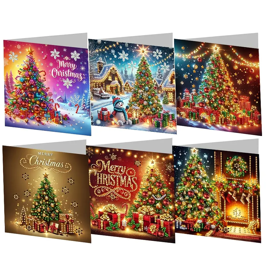6 Painting Christmas Cards, Happy Holidays Cards with Envelopes, Christmas Tree Merry Christmas Design Handmade, Irregular Shiny Crystal Patches, Perfect Holiday Gifts for Friends, Family, Colleagues and Elders