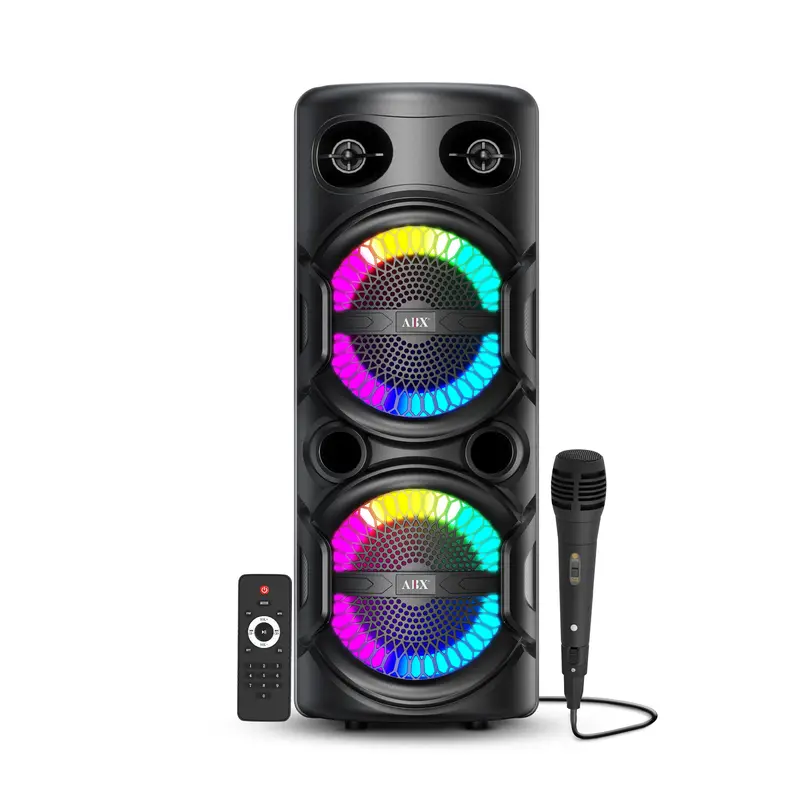Party Speaker Dual 8" Karaoke Party Speaker with Microphone & Ring Lights - Bluetooth, USB, TF, FM, AUX Cable Compact