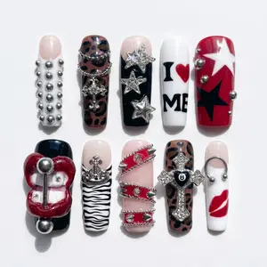 Star Press On Nails | 8 Ball, Cross & Animal Print Charms | Y2K Glam Statement Set