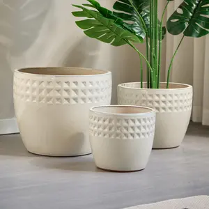 ARCH Handmade Ceramic Flower Pot Set of 3, 15/12/9 Inch Diameter, White Diamond Pattern, for Succulents Indoor/Outdoor Use on Windowsill & Bookshelf, Breathable Clay