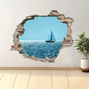 Ocean Sail Shadow Wall Sticker, 3D Space Theme Design Magic Decal, Bricks Crack Seawind Sails Enter Room, Decorative Stickers Home Decoration