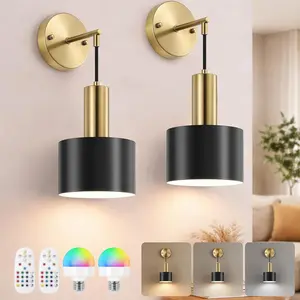 Battery Operated Wall Sconces Set of Two, Black & Gold Wireless Rechargeable Wall Lights with Remote, Dimmable LED Wall Lamps, Modern Cordless Sconce for Bedroom Living Room Hallway