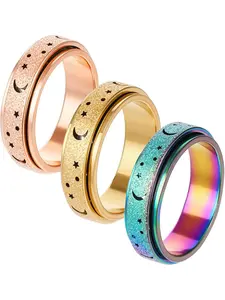 Fidget Rings Spinny Small 3PCS Anxiety Rings for Women and Men Spinner Ring with Moon Star Design Stress Relief Finger Toys for Adults Stainless Steel Jewelry for Anxiety Gold Rose Gold, Size 7