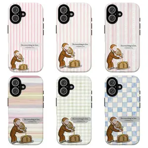 FL-Curious Georgeee Striped Phone Case,Cute Cartoon Monkey Phone Case,Cute Monkey Pouring Syrup on Pastel Striped & Checkered Protective Cover For iPhone 11 12 13 14 15 16 17 Air Pro Max for Samsung S26 S25 S24 S23 S22 S21 Case
